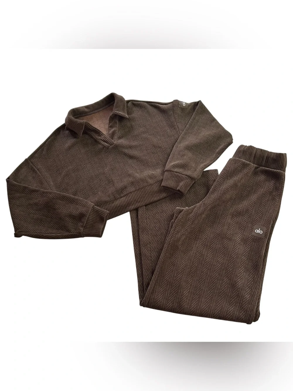ALO YOGA Winter Break Micro Corduroy Top & Wide Leg Pant Lounge Set Espresso S
